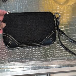 Coach Black C Canvas And Black Leather Trim Wristlet